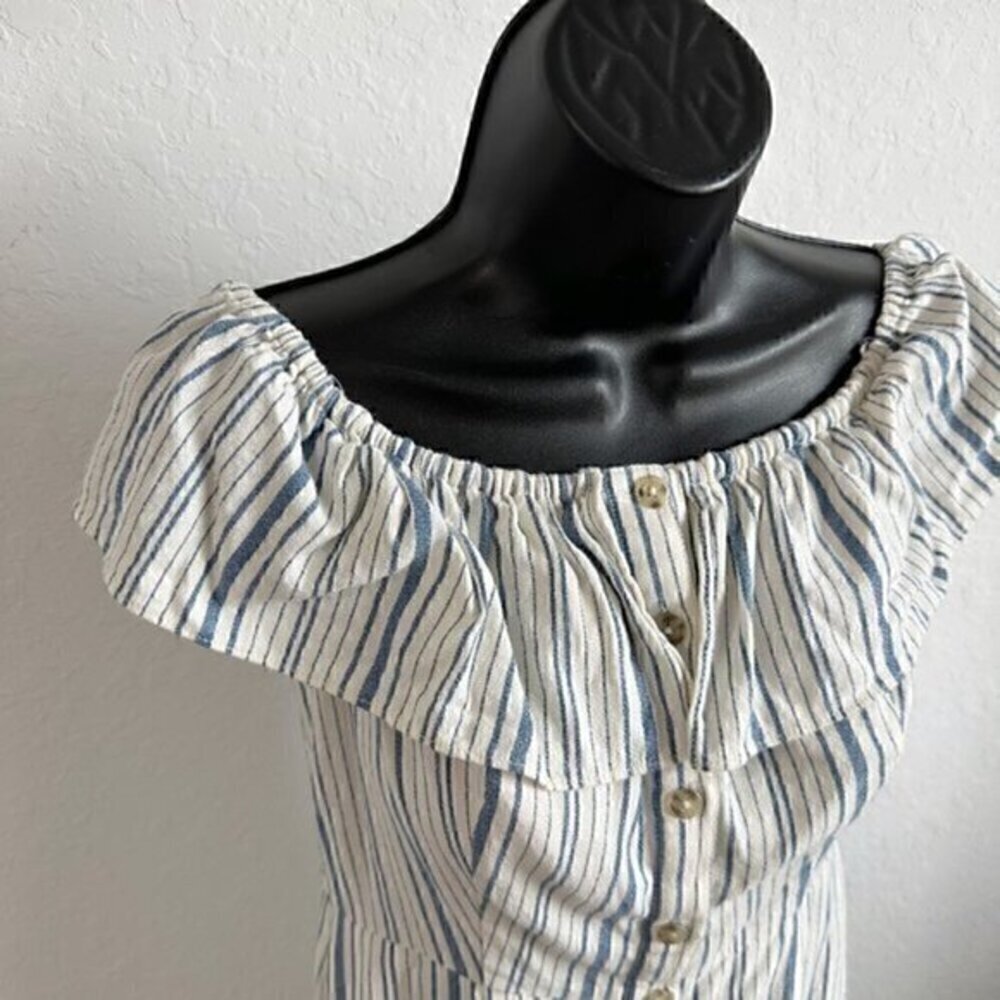 Wayf Off The Shoulder Striped Ruffle Button Up Dress Blue Cream Size Medium - Picture 4 of 12